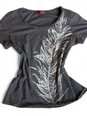 Women’s Grey Y2K Beaded Feather Graphic Tee